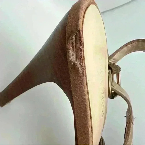 Nine West Leather stack Wooden Heel Peep Toe Sandal with Heel Strap and Buckle - Picture 16 of 16